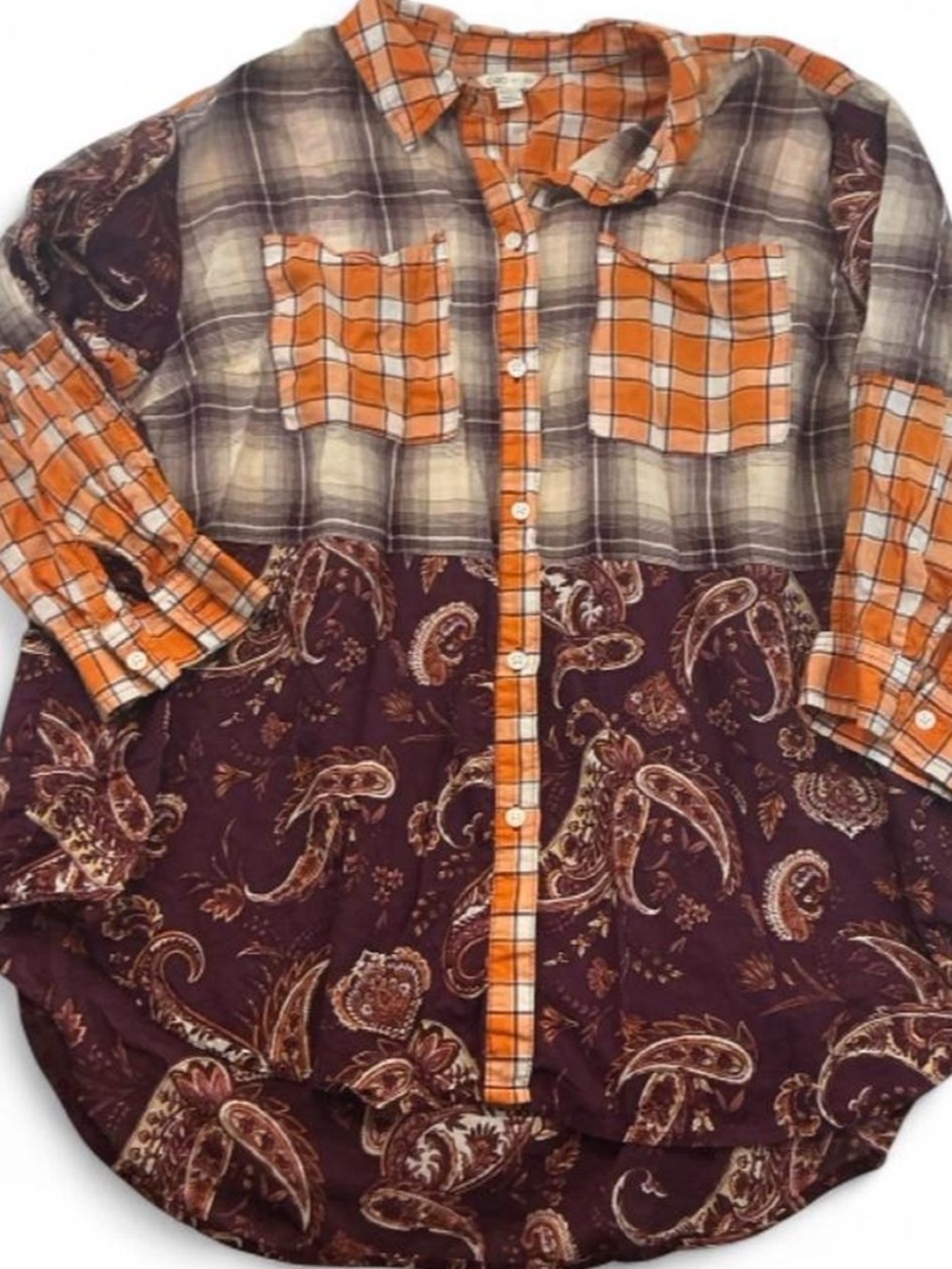 Cato Orange Plaid and Plum Paisley Mixed-Pattern Button Down Top
